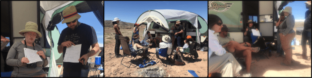 Post-investigation discussion time; Left: Linda and Geoff give us a rundown of their science findings; Center: Group chat at mission control; Right: Barbara gives the group an overview of the Tiger team findings.