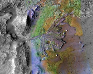 CRISM image of Jezero crater showing variations in mineralogy represented as different colors. (image credit: NASA/JPL/JHUAPL/MSSS/Brown University)