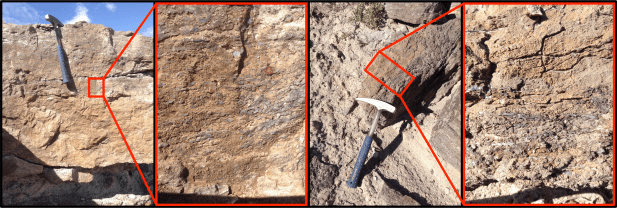 Left: The less distinct SWAMM outcrop as imaged by the walkabout team - interpreted as fractures/fracture fill; Right: The characteristic SWAMM unit in a float block, first recognized as a potential biosignature by the linear traverse team.